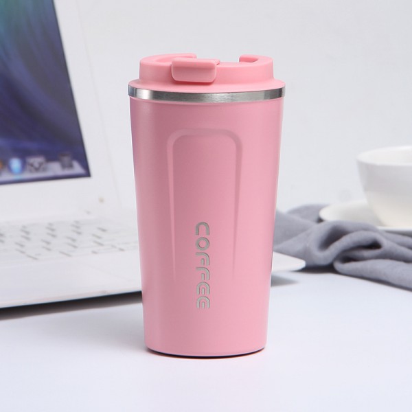 Термокружка чашка для кофе/чая с герметичной крышкой и откидной поилкой стальная Coffee 500 мл — розовая
