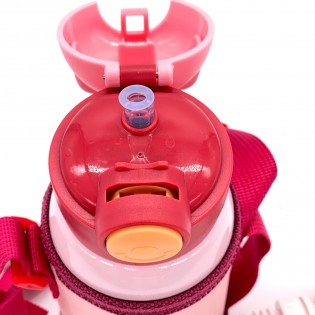 Термос детский c трубочкой/чашкой в чехле на шнурке «Space» розовый