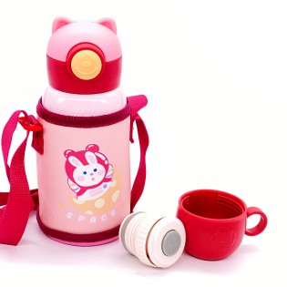 Термос детский c трубочкой/чашкой в чехле на шнурке «Space» розовый 3